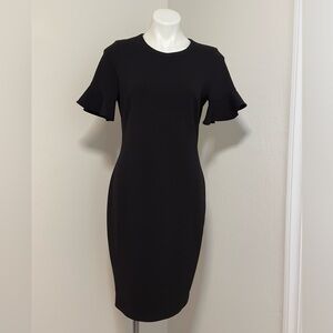 Calvin Klein Black Sheath Dress Knee-Length Ruffled Short Sleeves
